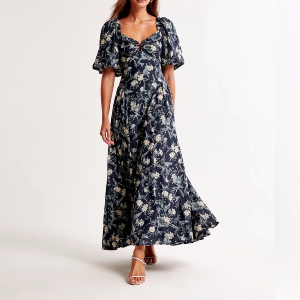 Abercrombie & Fitch Navy Floral Puff-Sleeve Maxi Dress